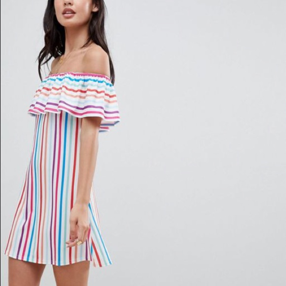 boohoo off the shoulder rainbow striped dress 🌈